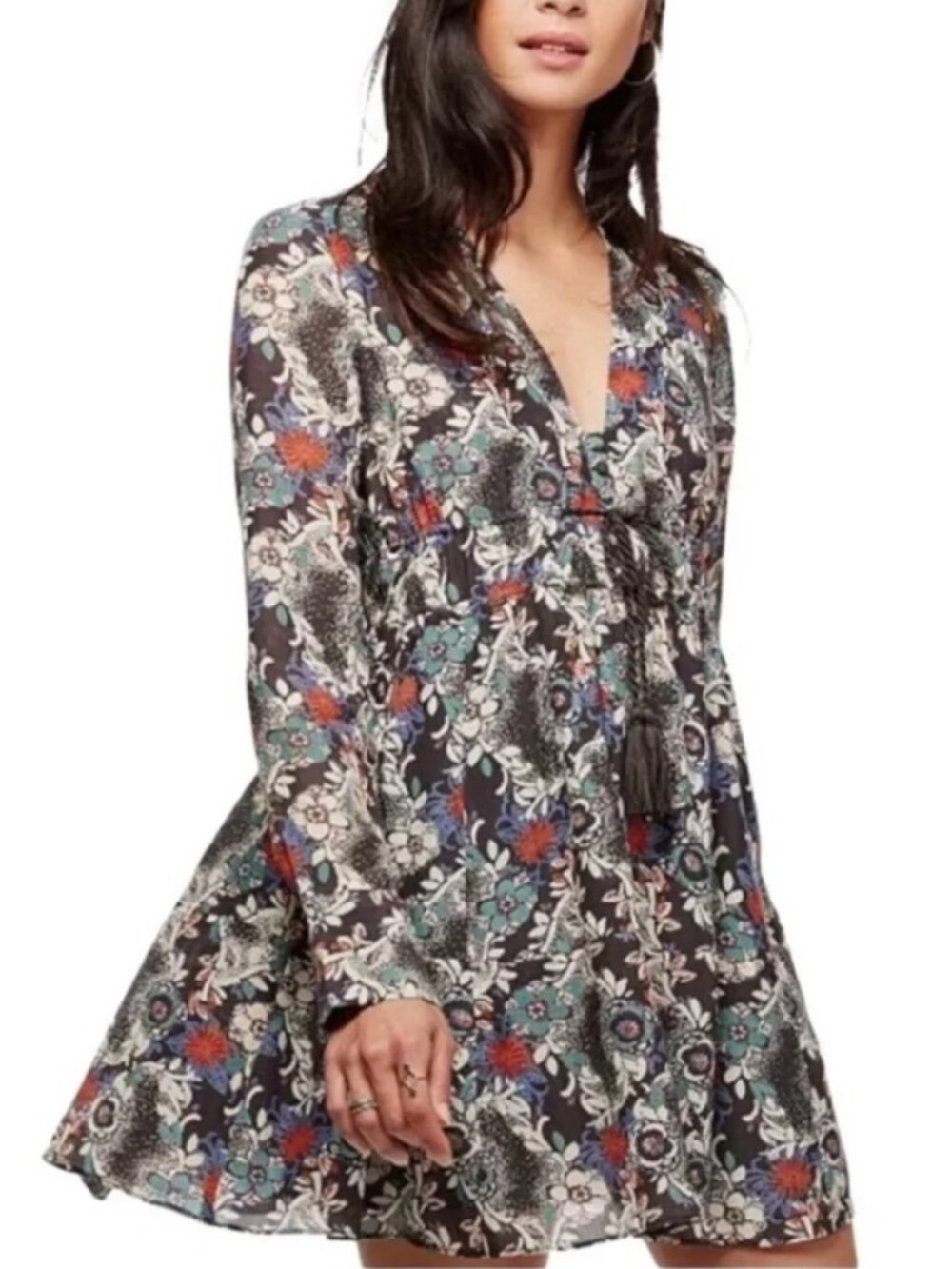Free People Floral Printed Long Sleeve Stealing Fire Henley Mini Dress
